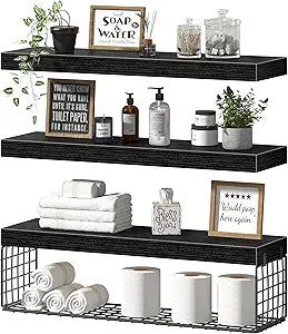 QEEIG Bathroom Shelves 24 inches Long - Floating Shelf for Wall Over Toilet Paper Storage Basket Farmhouse Set of 3, Black (019-60B3)