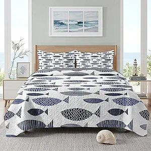 Pamnest Quilt Set Twin Size, Coastal Fish Ocean 2 Pcs Soft Bed Cover Bedding Set, Nautical Lake House Lightweight Bedspread Coverlet with Pillow Sham for All Season
