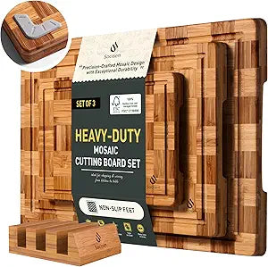 3 Pack Heavy Duty Bamboo Cutting Board Set Non Toxic Wooden Cutting Board for Kitchen Non Slip Solid End Grain Thick Wood Juice Groove Chopping Board Extra Large Butcher Block Best House Warming Gift