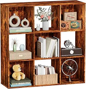 9 Cube Storage Organizer, Free Standing Display Shelf with Open Cubes, Floor Standing Book Shelf Bookcase with Storage for Home Office, Living Room, Bed Room (Vintage Brown, 9-Cube)