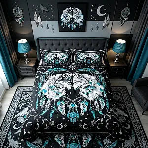 Wolf Kids Duvet Cover Set King Size,Stars Sun Moon Love Heart Dreamcatcher Romantic Boho Bedding Set,Boys Girls Room Decor,Wild Animal Rustic Comforter Cover,Blue Black Quilt Cover,2 Pillowcases