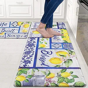 Likiyol Kitchen Mats - 2Pcs Set: Anti Fatigue, Non Slip, Lemon Print Design, Washable for Kitchen & Home Floor, 18''x30''+18''x48''