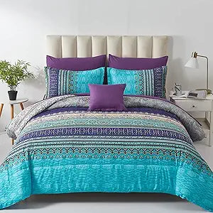Cottolester Boho Comforter Set Queen Size 8 Piece Bed in a Bag Bohemian Striped Bedding Quilt Set Aqua Paisley Floral Comforter and Sheet Set,Soft Microfiber Complete Bedding Sets for All Season