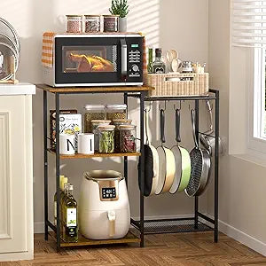Kitchen Stand with Pots Rack, Utility Microwave Oven Stand with Storage, 5 Tiers Coffee Bar Table, Small Kitchen Bakers Rack with 6 S Hooks, Kitchen Storage Shelf Rack for Spices, Pots, Rustic Brown