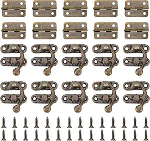 10 Set Mini Swing Arm Clasp Latch Vintage Style, Small Bronze Box Hinges and Antique Box Latch Hasp Lock for Decorative Cabinet Small Wooden Jewelry Gift Boxes with 80 Screws and 10 Pcs Hinges