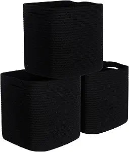 MINTWOOD Design 3-Pack 11x11 Inch Cube Storage Bin, Woven Organizer, Closet Cute Square Bins, Decorative Classroom Bathroom Pantry and Shelf Baskets, Full Black (MD-196)