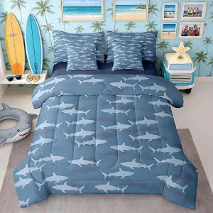 Homewish Cute Shark 7Pcs Comforter Set Full Size,Cartoon Ocean Animals Bedding Sets for Kids Girls Boys Teens Room Decor,Navy Blue Shark Pattern Fitted Flat Sheet Sea Life Bed in a Bag,2 Pillowcases