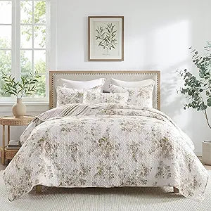 HORIMOTE HOME Reversible Botanical Quilt Set Queen Size, Beige Floral Plants Printed Bedding Set, Microfiber Bedspreads with Striped Reverse 3 Pieces, Soft Lightweight Coverlet for All Season