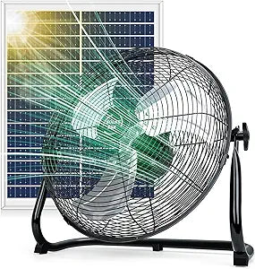 DBF 18" Solar Powered Fan Outdoor - Rechargeable Long Lasting Battery Cordless Floor Fan with 30W Solar Panel & AC Charging, High Velocity Metal Industrial Portable Fans for Outside Home Camping RV