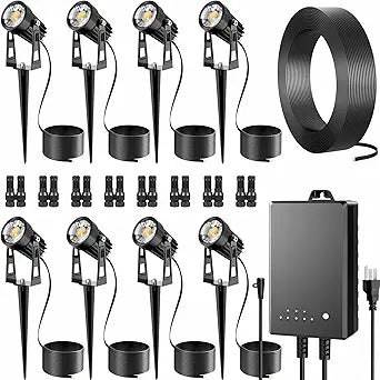 All-in-One Outdoor Low Voltage Landscape Lighting Kit, 8 Pack 3000K Landscape Spot Lights with 60W Transformer 65FT Wire, Waterproof Low Voltage Landscape Lights for Yard, Garden, Tree, Pathway, House