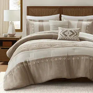 Woolrich Queen Comforter Set  Sutherland 5-Piece Microsuede Embroidered Bedding Set with Decorative Pillows, Taupe