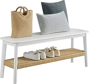 Alaterre Furniture Calais 48 Inch Solid Wood Entryway Bench with Woven Storage Shelf  Mid Century Modern 2-Tier Shoe Bench for Living Room, Hallway or Foyer (White)