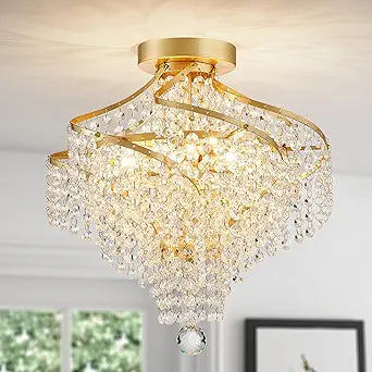 WUZUPS Crystal Chandelier Semi Flushmount Ceiling Light Modern Lighting Fixture for Bedroom Hallway Bar Kitchen Bathroom, H 14.7" x W 14.7", Gold, G9 Base