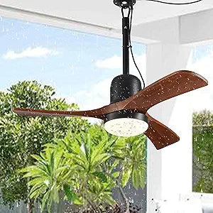 34 Inch Outdoor Ceiling Fan with Light and Remote, Wet Rated Gazebo Fan with 16 ft Plug in Cord, Farmhouse Wood 3 Blade Hanging Ceiling Fan for Patio Porch Pergola, Quiet Reversible DC Motor