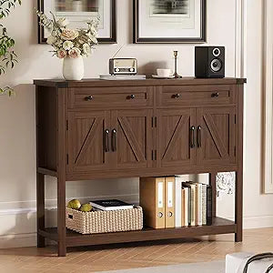 GarveeTech Rustic 47" Wood Coffee Bar Storage Cabinet  Farmhouse Console Table with 2 Drawers & 4 Barn Doors, Buffet Sideboard for Kitchen, Dining Room, Entryway, Living Area