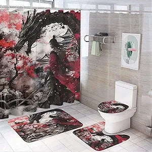 4 Pcs Rustic Japanese Samurai Dragon Shower Curtains Set,Abstract Japanese Ink Painting Ancient Architecture Cherry Blossom Flo Bathroom Set Waterproof Toilet Cover Shower Mat Rugs