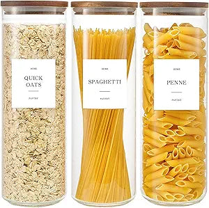 Set of 3 Glass Pantry Jars with Acacia Wood Lids, 65oz Airtight Pasta Organizers with 105 Labels, Tall Glass Pantry Storage Containers for Cereal, Spaghetti, Pasta Canisters