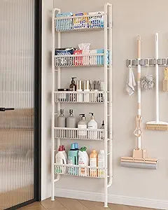 UMDONX Behind The Door Bathroom Shelf Narrow 5-Tier, Space-Saving Slim Storage Shelf Narrow Shelving Unit for Bathroom and Kitchen White