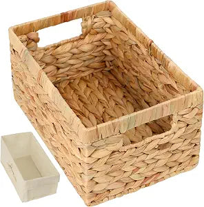 Wicker Shelf Storage Baskets for Organizing - Natural Water Hyacinth Woven Basket Organizers & Storage for Shelves w/Handles & Cotton Liner for Home & Pantry Decor Organization, 12.5 x 8 x 6.5