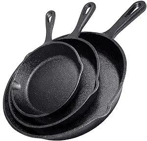 Cast Iron Skillet 3-Piece Set w/Cookbook - Heavy-Duty Professional Restaurant Chef Quality Pre-Seasoned Pan Cookware - 10", 8", 6" Pans - For Frying, Saute, Cooking, Pizza - Black