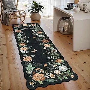 Lahome Floral Kitchen Runner, 2X6 Washable Runner Rug Non Slip Ultra-Thin, Soft Hallway Rug Stain Resistant Boho Small Low-Pile Carpet for Laundry Bathroom Bedroom Flore (2x6ft,Black/Grey)