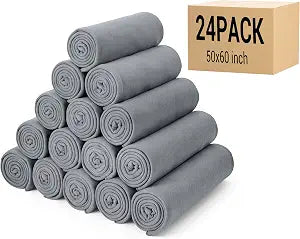 24 Pack Fleece Throw Blankets Bulk 50x60 - Soft Lightweight Blanket Gift for Wedding Guests, Bed Couch Office Chair Pet Travel Home(Gray)