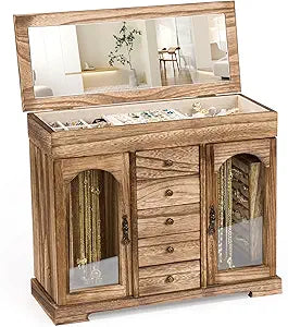 Miratino Jewelry Box for Women Girls, Rustic Wooden Jewelry Organizer Box with Mirror, 5 Layer Jewelry Storage Case Display for Necklaces Earrings Rings Bracelets Valentine's Day Gifts