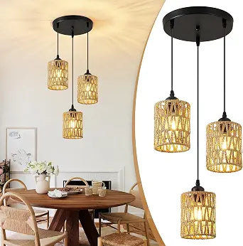 ZHU YAN 3-Light Rattan Pendant Light,Farmhouse Hanging Light Fixture for Hallway Adjustable Height Ceiling Lamp for Kitchen Island,Dining Table,Living Room E26 Base