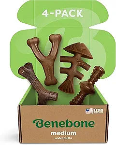 Benebone Medium 4-Pack Dog Toys for Aggressive Chewers  Durable Dog Bones, Made in USA  Dog Toys for Medium Dogs Under 60 lbs