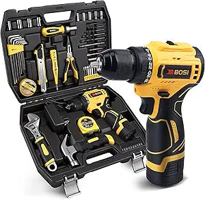 58PCS Home Tool Kit with 16V Cordless Drill, Battery & Charger, 3/8 Keyless Chuck, 24+1 Torque Settings, Variable Speed, Ideal for DIY Home Repair & Furniture Assembly