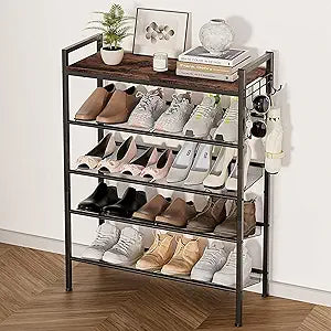 5 Tier Shoe Rack, Shoe Rack for Entryway with Hook, Shoe Organizer with Adjustable Mesh Shelves, Metal Shoe Storage, Closet, Bedroom Living Room Garage