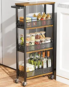 Giwil 4-Tier Slim Rolling Storage Cart for Kitchen Bathroom Organizer, Mobile Narrow Storage Cabinet Utility Cart with Wood Rack on Wheels for Pantry Laundry Small Space