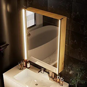 30 x 23-1/4 Inch LED Lighted Medicine Cabinet with Mirror, Moisture-Resistant Wood, Stepless Dimmable, 3000K/5500K, Adjustable Shelf, Flat-Pack Design  Assembly Required, Oak