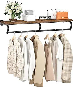 CHOEZON Wall Mounted Clothes Rack, Metal Garment Rack with Top Shelf, Laundry Storage Shelf with Hanging Rod, for Laundry Room, Bedroom, Entryway and Storage Room, Rustic Brown and Black TYM02BF