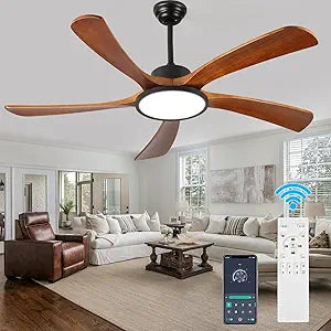 Wood Ceiling Fans with Lights and Remote Control LED Dimmable 52Inch Ceiling Fan DC Motor Reversible 5 Blade Wooden Ceiling Fans for Living Patio Matte Black