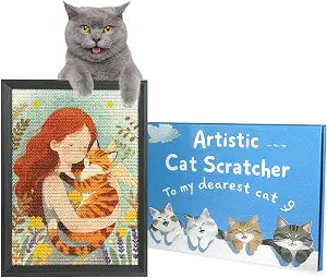 Decorative Wall Art Sisal Cat Scratcher for Indoor Cats, Wall Mounted Cat Scratching Board with Solid Wood Frame, Furniture Protector, Easy No-Drill Install, 17 x 13 in
