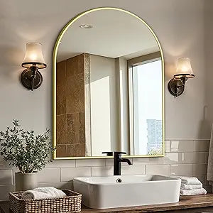 Vanity Bathroom Mirror for Wall, 40"x30" Arched Bathroom Mirror for Over Sink, Arched Metal Frame for Bedroom, Living Room, Entryway, Hanging or Leaning, Gold