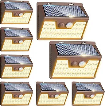 Peasur Solar Lights Outdoor Motion Sensor Waterproof, 8 Pack 140LED Brown Solar Powered Fence Light, 3 Modes Security Wall Lights for Garden Yard Outside(Warm White)
