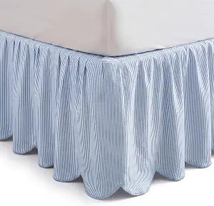 Tranqun Scallop Edge Bed Skirt Queen Size 16" Drop, Ticking Striped Farmhouse Bed Skirt, Cotton Dust Ruffle Modern & Rustic Bedroom Decor(Blue)