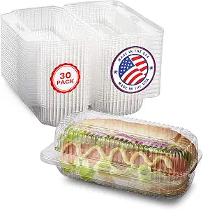 MT Products Plastic Hot Dog Container - 6.5" x 2.75" x 2.6" - Take Out Containers with Hinged Lid for Salads, Desserts, Sandwiches, and Cookies (Pack of 30) - Made in USA