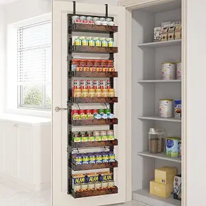 BUKFEN 8-Tier Over the Door Pantry Organizer, 2-in-1 Door Hanging or Wall Mounted Spice Rack, Heavy Duty Metal Storage Shelves with Adjustable Wooden Baskets for Kitchen Bathroom Closet