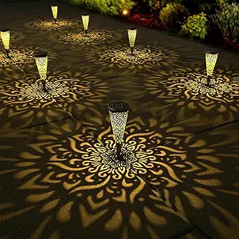gardencave 6 Pack Solar Lights Outdoor Garden Decorative Mandala Solar Garden Lights with Warm Light Waterproof Solar Pathway Landscape Lights for Path Patio Backyard Walkway Yard Lawn Decor (Black)