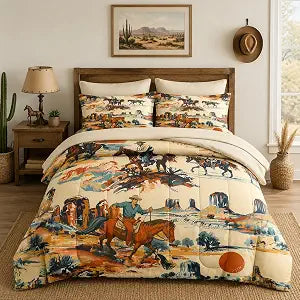 Pamnest Comforter Set Twin Size, Desert West Horse Sunset 5 Pcs Bedding for Kids and Adults, Vintage Western Cowboy Bed Sheet Sets with Fitted Sheet Pillowcase & Sham for Bedroom Bed Decor