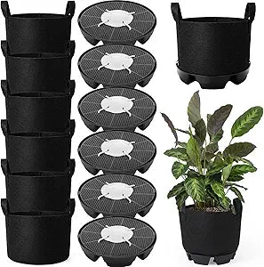 Jingmore 6 Set 5 Gallon Grow Bag Self Watering Fabric Pot Base Automatic Watering System Plant Nonwoven Grow Bag Handle Plant Saucer Elevate Flower Tray for Garden Indoor Outdoor Greenhouse (Black)