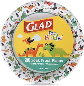 Glad for Kids Round Disposable Paper Plates, Dinosaur, 7 Inch, 20 Count