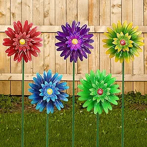 Metal Flower Wind Spinner Garden Lawn Stakes Yard Art, 27 inch Lawn Windmill Ornaments Outside Garden Decorations Outdoor for Yard, 5 Pieces Windmill Gardening Porch Outdoor Valentines Decoration Gift