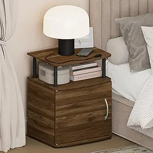 Furinno Jaya Night Stand with Door, Nightstand with Open Shelf and Door Cabinet, Round Corner Bedside Table, Side Table, End Table, for Bedroom, Closet, Dorm, Amber Pine