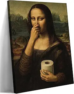 Funny Mona Lisa Bathroom Canvas Wall Art Humor Amusing Toilet Art Pinching Nose Wall Decor Celebrity Classical Vintage Painting Whimsical Poster Print for Bathroom Restroom Decoration 16x24in