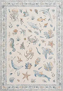 Soft Marine Animal Washable Faux Wool Stain Resistant Rug Rubber Non-Slip Backing for Playroom Bathroom Living Room Bedroom Bedside Beachy Cute Coastal Nautical Nursery Rug (Blue Multi, 5' x 7')