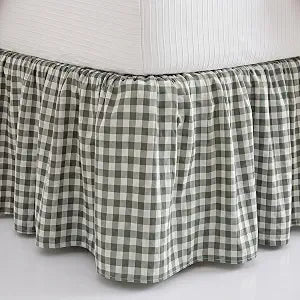 Sage Green Gingham Bed Skirt Queen Size 16" Drop Vintage Plaid Bed Skirt Farmhouse Cottage Pleated Frame Cover Cotton Dust Ruffle Modern Rustic Bedroom Decor